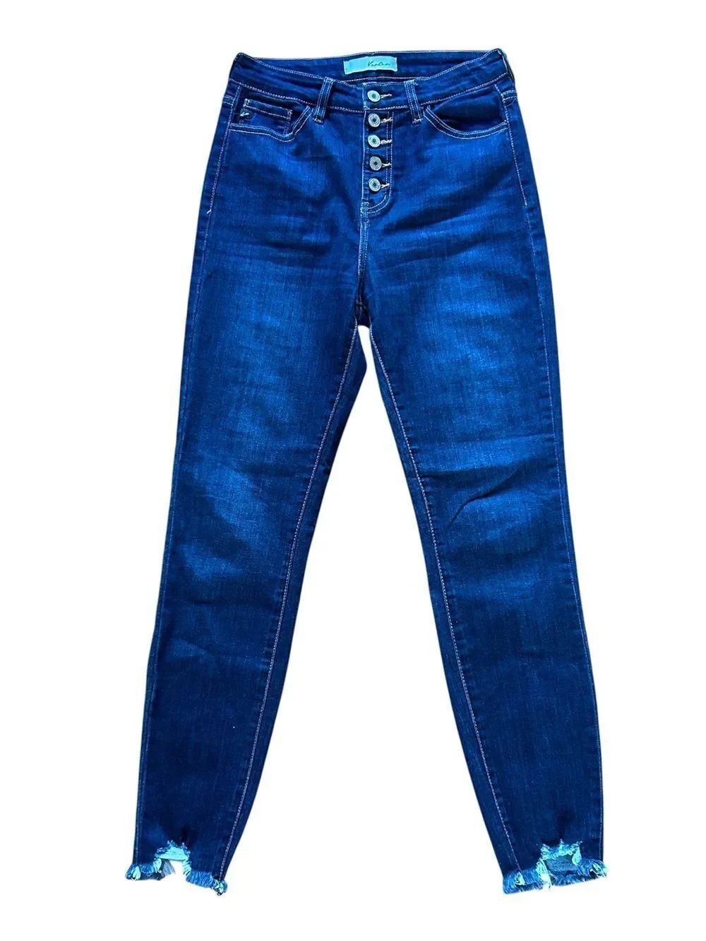 KanCan Dark Wash High-Rise Button-Fly Skinny Jeans with Frayed Ankles